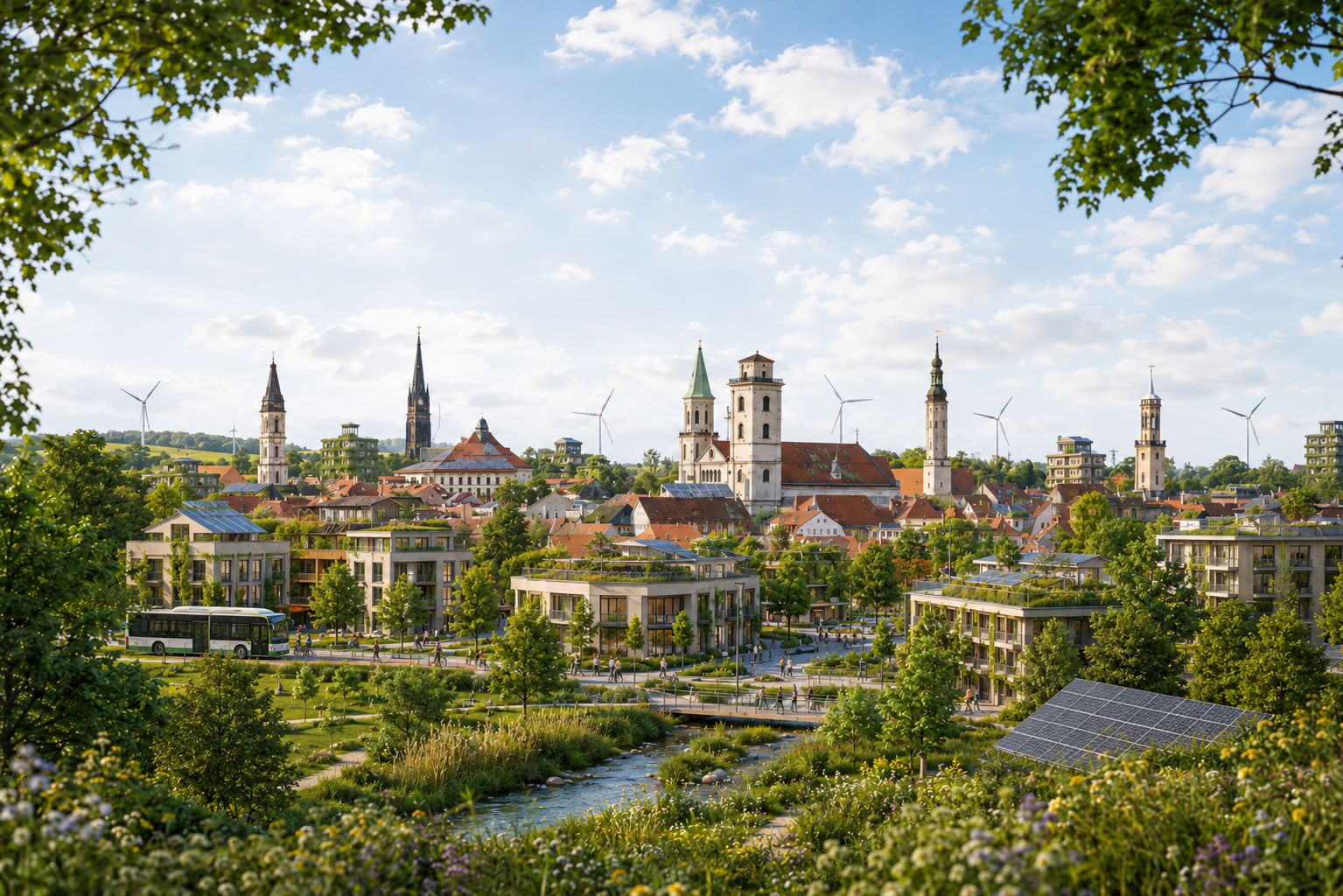 Skiline Zittau als grüne klimaresiliente Stadt mit Hausbegrünung , Natur, Fluss, Solar und windengergie